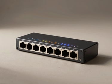 Three-quarter flat-lay of a 48-port managed PoE+ gigabit switch on a neutral surface, rack ears visible, indicator LEDs along the front panel, controlled overhead studio lighting, minimal shadows