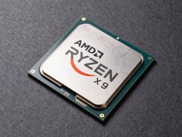 Overhead studio shot of an AMD Ryzen 9 7950X processor on a neutral dark slate surface, controlled strobe lighting, AM5 socket contacts sharply in focus, minimal shadow