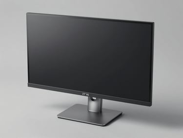 Three-quarter overhead shot of a 27-inch IPS monitor on a neutral grey surface, studio strobe lighting, ports and stand detail visible, clean minimal shadow, no lifestyle props