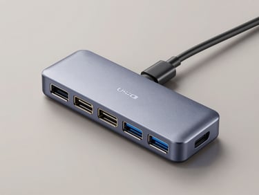Three-quarter flat-lay of a USB-C docking station on a neutral surface, studio overhead lighting, port array including Thunderbolt, HDMI, and USB-A clearly visible, no lifestyle props