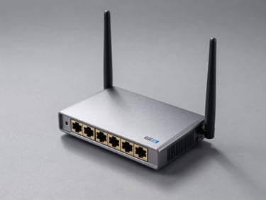Three-quarter flat-lay of a dual-WAN gigabit router on a neutral grey surface, antenna ports and WAN ports in sharp detail, controlled studio strobe, clean minimal shadows