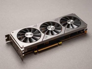 Three-quarter flat-lay of an NVIDIA RTX 4090 graphics card on a neutral matte surface, studio overhead lighting, PCIe connector and cooling fins in crisp detail, no background clutter