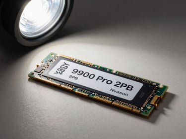 Three-quarter flat-lay of a Samsung 990 Pro 2TB NVMe SSD on a neutral matte surface, studio strobe overhead, M.2 connector and NAND label in sharp focus, no lifestyle context