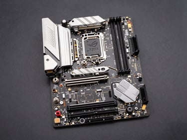 Overhead studio shot of an ASUS ROG Maximus Z790 motherboard on a neutral dark surface, studio strobes, PCIe slots and VRM heatsinks in crisp detail, minimal reflection