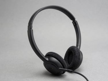 Three-quarter overhead shot of a USB headset with microphone boom arm on a neutral grey surface, studio controlled lighting, connector and cushion detail visible, no lifestyle staging