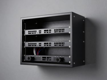 Three-quarter overhead shot of a 12U open-frame wall-mount rack on a neutral grey surface, rack unit markings and cable management slots in detail, clean studio strobe lighting