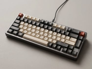 Three-quarter overhead shot of a full-size mechanical keyboard on a neutral surface, studio overhead lighting, keycap legends and USB-C cable clearly visible, minimal shadow
