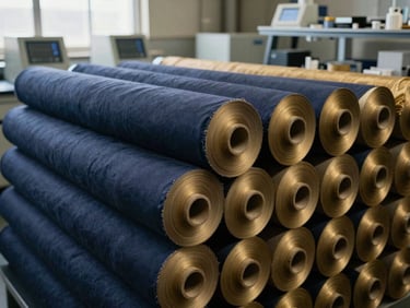 Organized rolls of finished textile fabric in a warehouse, stacked neatly, laboratory quality testing equipment in the background, deep navy and warm brass tones