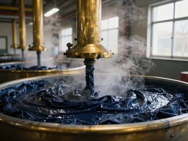 Close-up of fabric being dyed in large industrial vats, steam rising, crisp overhead factory illumination, deep navy and warm brass tones