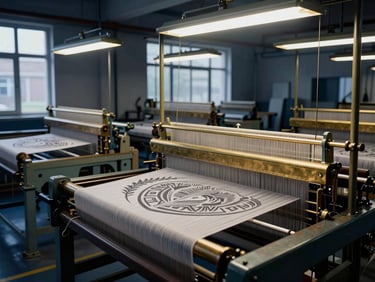 Wide shot of automated weaving looms on a factory floor, intricate patterns forming, dramatic industrial daylight, crisp overhead factory illumination, deep navy and warm brass tones, sharp focus, 35mm.