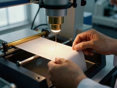 Macro close-up of textile scientist's hands performing a tensile strength test on fabric in a modern laboratory, specialized equipment, clean environment, sharp focus.