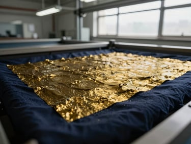 Macro close-up of textile fabric undergoing eco-friendly dyeing, rich colors, laboratory quality testing, dramatic industrial daylight, crisp overhead factory illumination, deep navy and warm brass tones, sharp focus, 35mm.