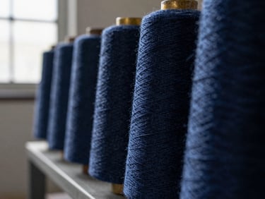 Close-up macro shot of tightly spun cotton yarn threads under tension, clean industrial lighting, deep navy tones.