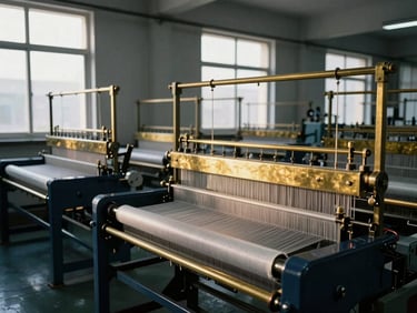 Wide shot of automated weaving looms in a textile factory, clean environment, dramatic industrial daylight, deep navy and warm brass tones, sharp focus