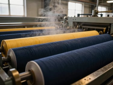 Close-up shot of fabric rolls moving through a large industrial dyeing machine, vibrant colors, steam, dramatic factory lighting, deep navy and warm brass tones, sharp focus.