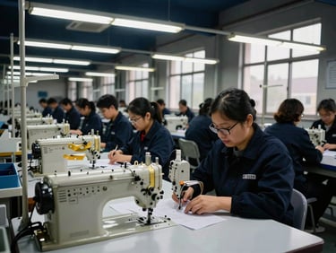 Wide shot of an organized garment manufacturing floor, rows of industrial sewing machines, workers in uniforms, clean environment, crisp overhead factory illumination, deep navy and warm brass tones, sharp focus.
