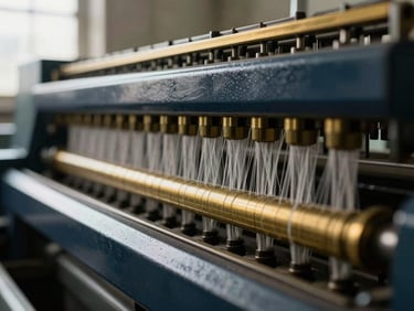 Macro close-up of fine cotton yarn threads under tension on a high-speed spinning machine, industrial daylight, sharp focus, deep navy and warm brass tones