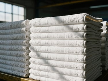 Stack of neatly folded white terry towels with subtle texture, sharp focus, industrial daylight.