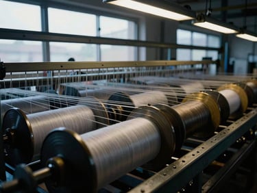 Close-up of high-speed spinning frames in motion, threads under tension, dramatic industrial daylight, crisp overhead factory illumination, deep navy and warm brass tones, sharp focus, 35mm.