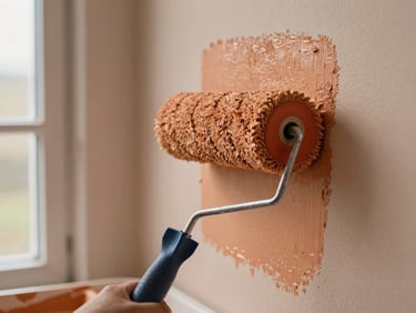 Close-up of a paint roller applying warm ochre paint to a wall, clean cutting edge at the corner, natural daylight from a nearby window, paint tray visible at the base