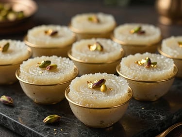 Close-up of a decorated birthday dessert table in warm light, layered halwa in gold-rimmed bowls and shahi tukda arranged on a dark marble surface, garnished with pistachios and edible gold leaf