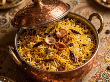Close overhead shot of a large copper biryani pot being opened at a wedding banquet, saffron-colored rice with whole spices and fried onions visible, warm gold light, rich jewel-tone tablecloth beneath