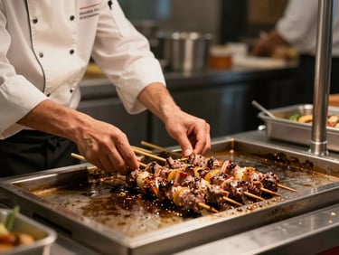 Medium shot of a chef's hands arranging kebab skewers on a gleaming tawa at a corporate event live counter, controlled studio-quality warm lighting, stainless steel service equipment in the background, clean professional setup