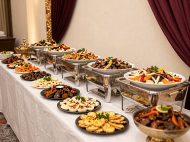 Wide shot of a Mehndi reception catering spread at an indoor venue, colorful starters and kebab platters arranged on a long buffet table under warm event lighting, gold and maroon décor accents framing the setup