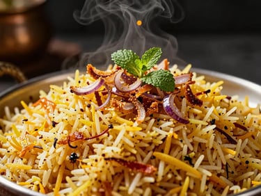 Extreme close-up of biryani being plated directly from a large handi, saffron steam rising against dark background, garnish of fried onions and fresh mint landing on the rice, tungsten warm light catching the grains