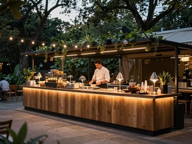 Wide environmental shot of an outdoor catering setup at dusk, a lit live counter with warming lamps glowing amber, a chef in uniform at the station, open-air venue with string lights overhead, lush greenery in the background
