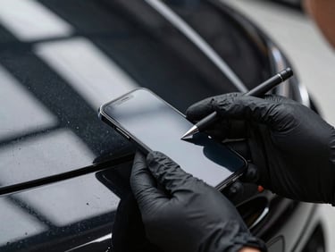 Close-up of a technician in black nitrile gloves holding a smartphone to photograph a paint scratch on a premium black sports car under LED lighting, 35mm