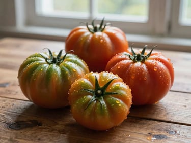 Close-up of fresh organic heirloom tomatoes with water droplets, resting on a rustic wooden table under soft, natural northern European window light, clean composition.