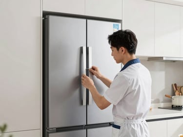 A professional technician in a clean uniform calibrating an integrated refrigerator inside a modern kitchen, straight-on architectural framing