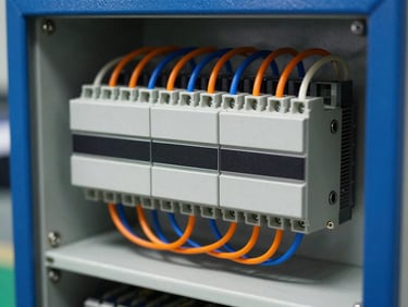 Sharp industrial photography of a newly wired PLC control cabinet, clean terminal blocks with orange and blue wires, high-contrast workshop lighting, deep blue and metallic silver tones, 50mm lens