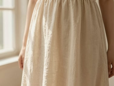 Close-up of a woman wearing a flowing beige modest dress, soft natural daylight, premium linen texture, warm editorial style.