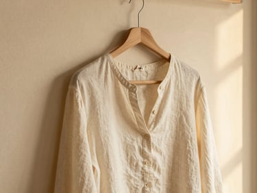 An elegant cream-colored linen blouse draped gracefully on a wooden hanger against a warm beige textured plaster wall, soft side lighting.