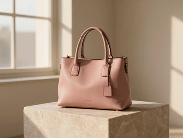A structured minimalist leather handbag in dusty rose sitting on a smooth stone pedestal, warm golden-hour light with soft shadows.