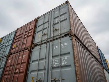 Low-angle heroic perspective of stacked high-cube containers, heavy brass locking gear visible, overcast industrial gray lighting