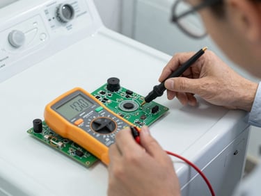 A close-up photograph of a technician using a digital multimeter to test a green circuit board on a washing machine, bright white workshop lighting, sharp focus on the probe tips.