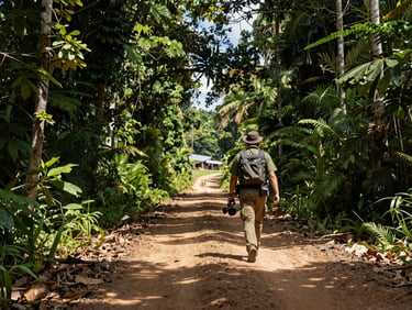 Wide environmental shot from ground level looking up a dirt road cutting through dense Amazonian forest canopy, a TuVISIÓN field journalist holding a microphone and recorder walking away from camera toward a distant village clearing, harsh midday tropical light filtering through the canopy, high contrast shadows