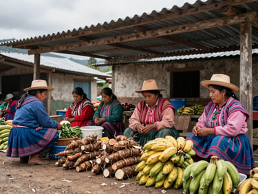 Interior shot of a small-town market in the Andes-Amazon transition zone, vendors in traditional dress arranging produce under corrugated metal roofing, diffuse overcast natural light, stacks of yuca and plantains in the foreground