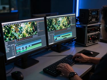 Overhead view of a broadcast editing suite at night, two monitors showing timeline and field footage of jungle terrain, hands resting on keyboard, broadcast equipment rack visible to the right, blue-tinted studio lighting creating contrast against dark surroundings