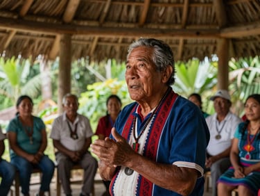 Portrait-style framing of an Awajún elder speaking at a community assembly under a thatched roof structure, natural diffused jungle daylight, other community members seated in background, candid unposed moment