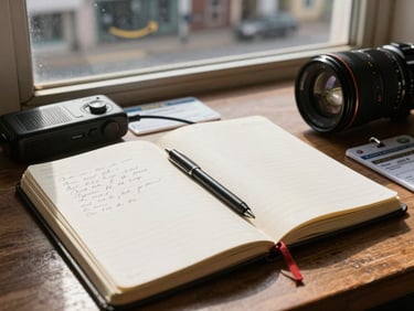 Close-up overhead shot of a worn journalist's notebook open on a field desk, handwritten notes visible, a radio receiver and press credential beside it, harsh midday light from a window, Amazon town street visible through glass in background