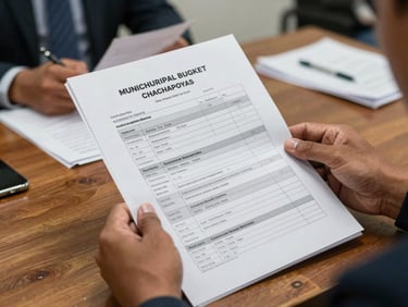 Close-up of hands holding a printed municipal budget document at a local government session in Chachapoyas, fluorescent office lighting, papers and pens on a worn wooden table