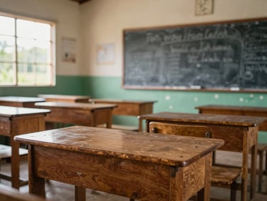 Close-up of a school classroom in a rural Amazonian town, empty wooden desks, peeling paint on walls, a chalkboard with faded writing, harsh window light from one side