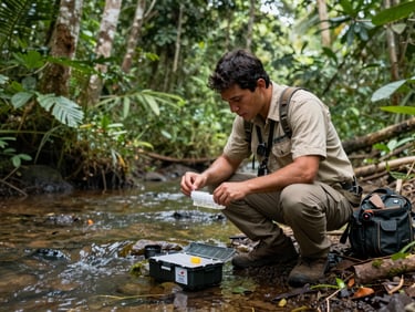 Field journalist crouching beside a small stream in the Amazon lowlands, taking water samples with a collection kit, dense green vegetation behind, natural daylight through canopy, equipment bag visible on ground
