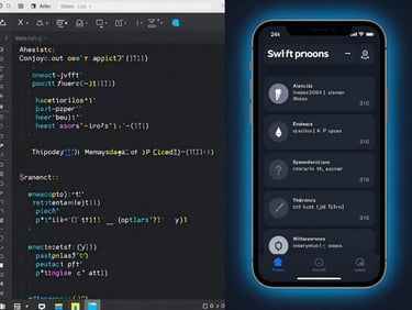 A split-screen composition showing clean Swift code running in an IDE on the left, and a high-fidelity mobile UI rendering a dark dashboard on the right, electric-blue accent glow.