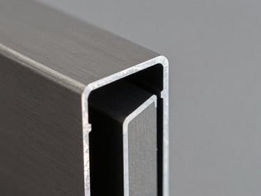 Macro shot of architectural grade anodized charcoal aluminum profile, showing clean metallic texture, harsh daylight reflecting off the edge, architectural photography, 35mm