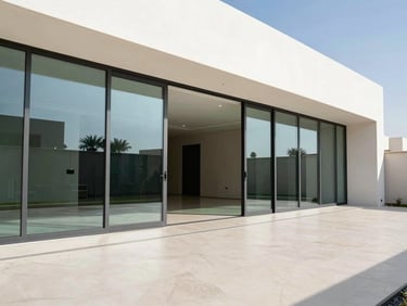 Wide-angle architectural shot of a luxury Saudi villa featuring massive slim-profile glass sliding doors opening to a courtyard, sharp shadows, bright daylight, architectural photography, 35mm